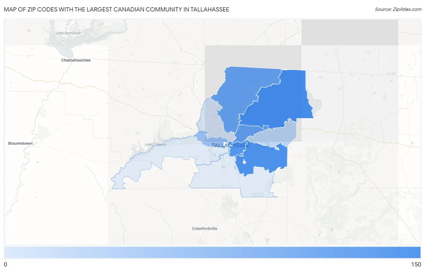 Zip Codes with the Largest Canadian Community in Tallahassee Map