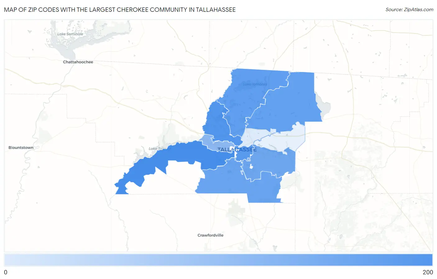 Zip Codes with the Largest Cherokee Community in Tallahassee Map
