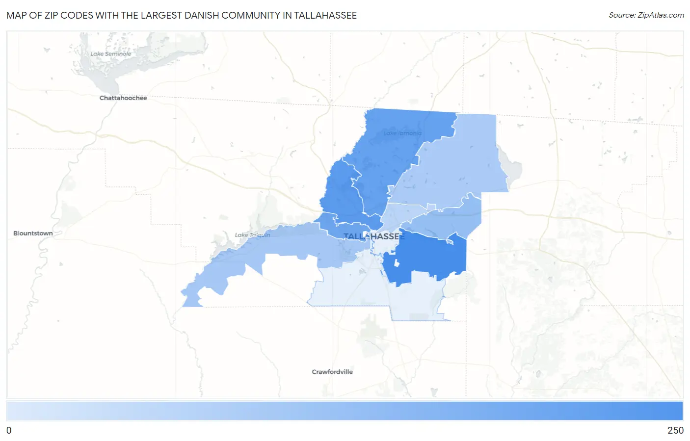 Zip Codes with the Largest Danish Community in Tallahassee Map