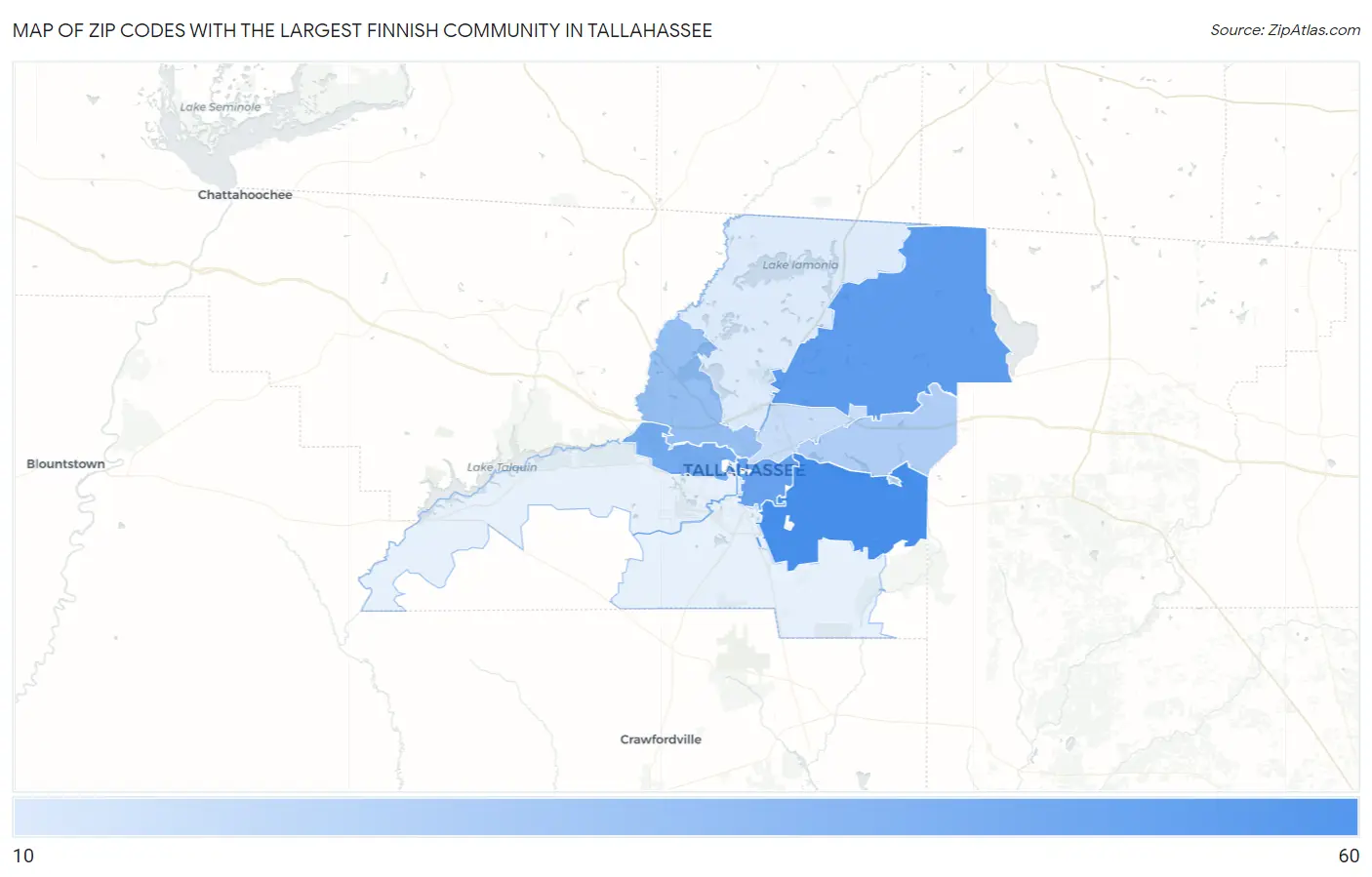 Zip Codes with the Largest Finnish Community in Tallahassee Map