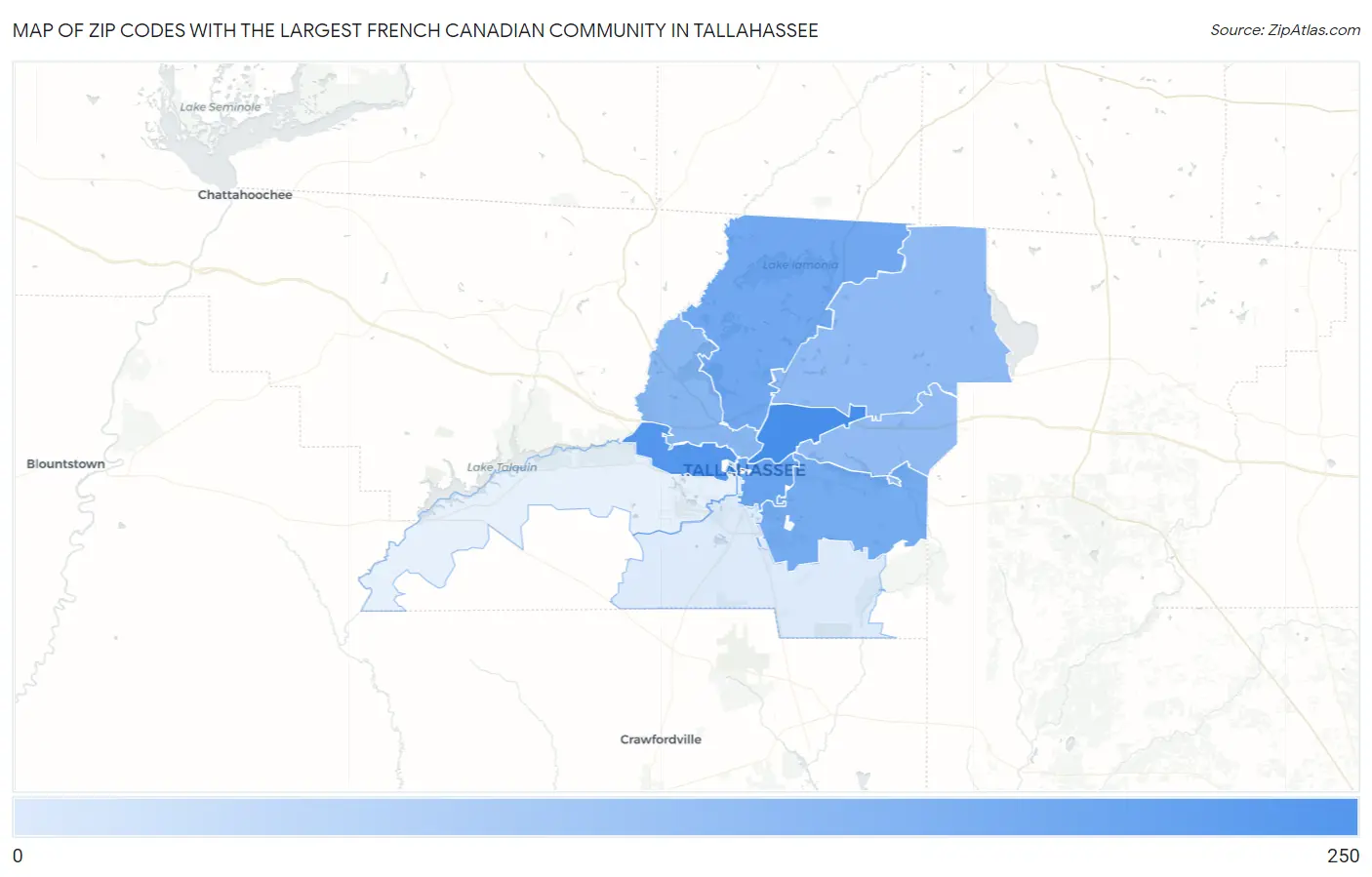 Zip Codes with the Largest French Canadian Community in Tallahassee Map