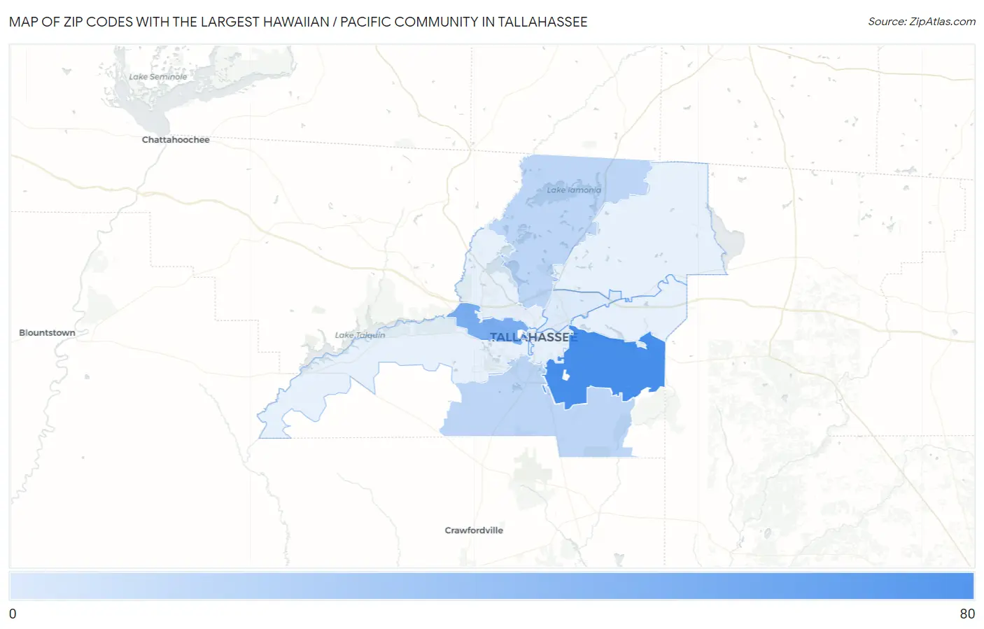 Zip Codes with the Largest Hawaiian / Pacific Community in Tallahassee Map
