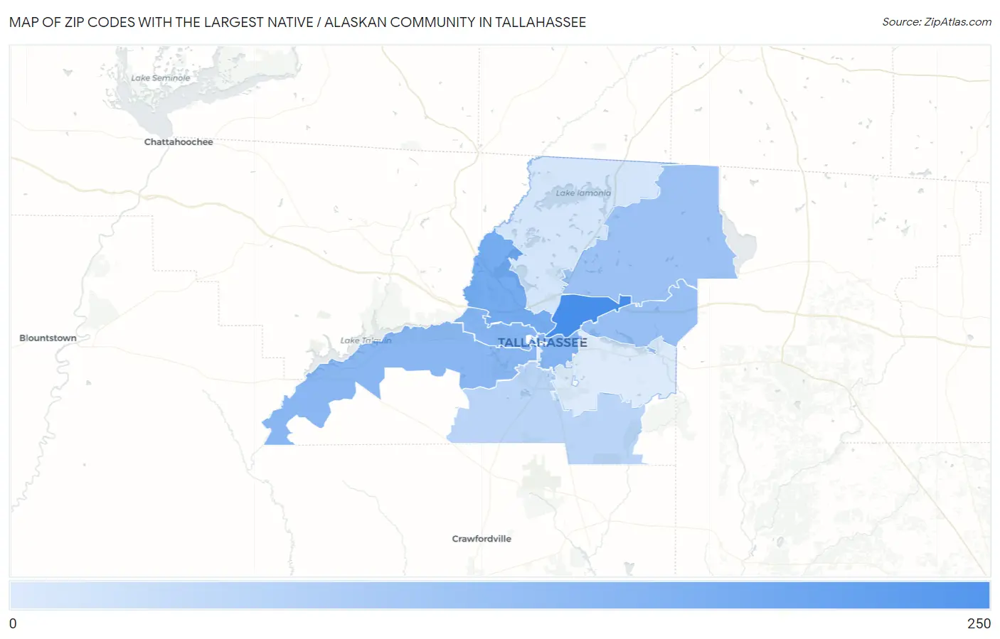 Zip Codes with the Largest Native / Alaskan Community in Tallahassee Map