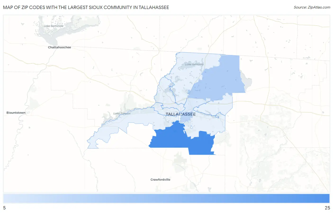 Zip Codes with the Largest Sioux Community in Tallahassee Map
