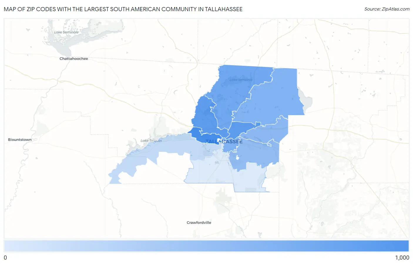 Zip Codes with the Largest South American Community in Tallahassee Map