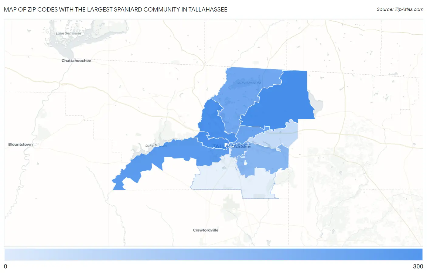 Zip Codes with the Largest Spaniard Community in Tallahassee Map