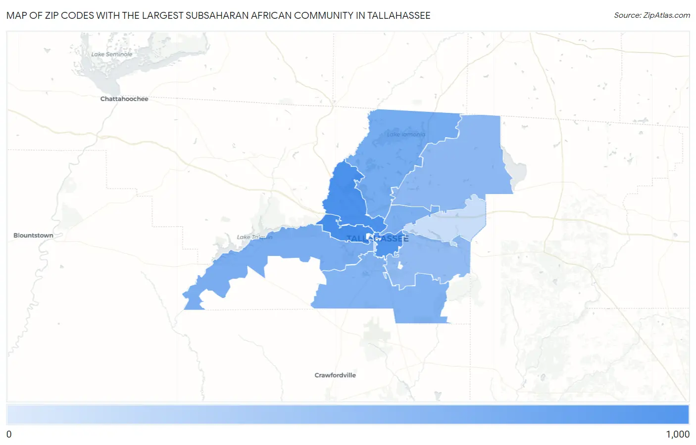 Zip Codes with the Largest Subsaharan African Community in Tallahassee Map