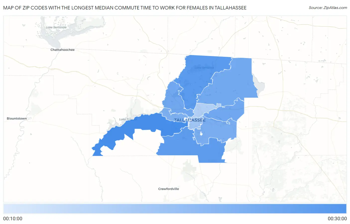 Zip Codes with the Longest Median Commute Time to Work for Females in Tallahassee Map