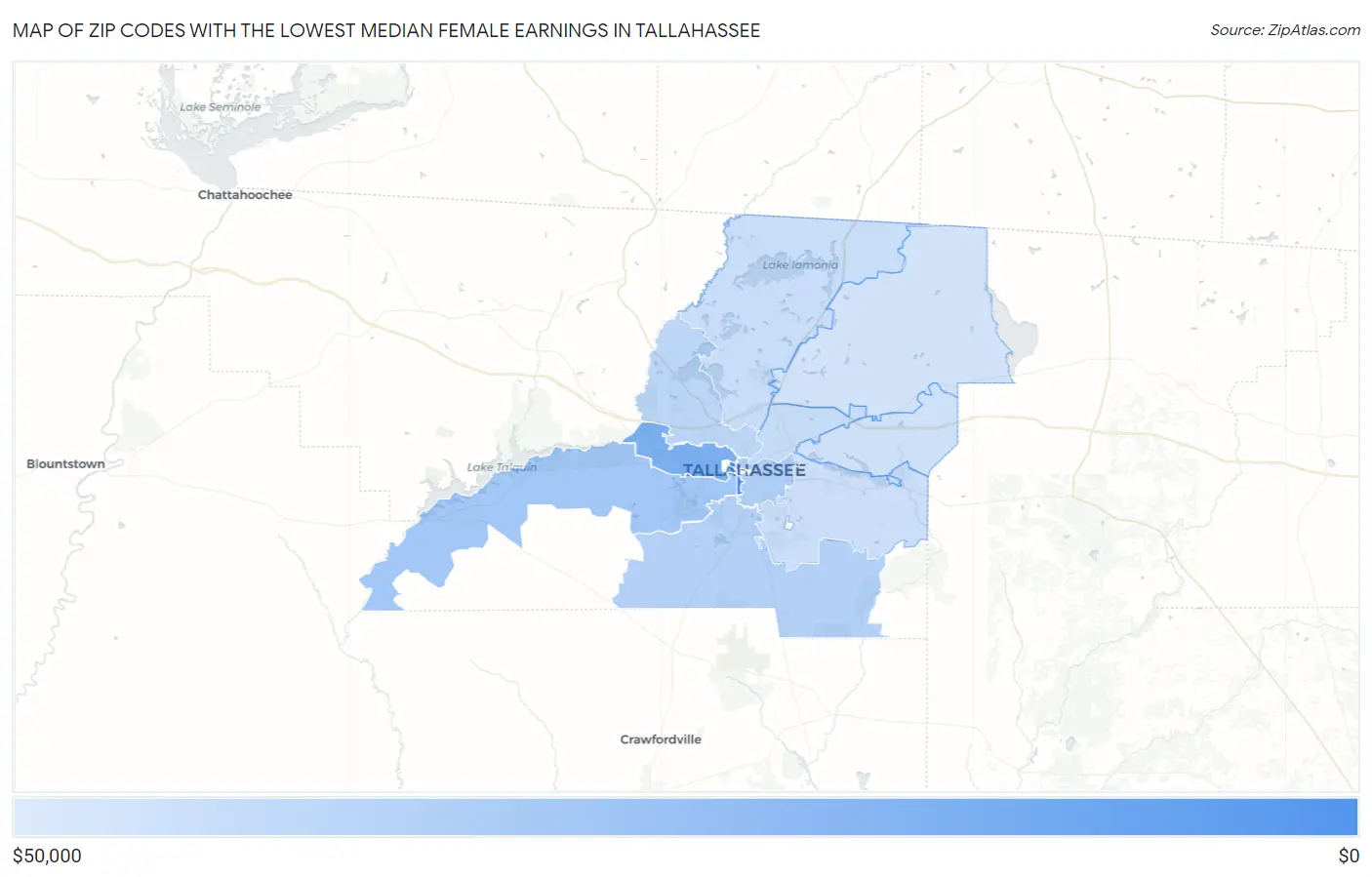 Zip Codes with the Lowest Median Female Earnings in Tallahassee Map