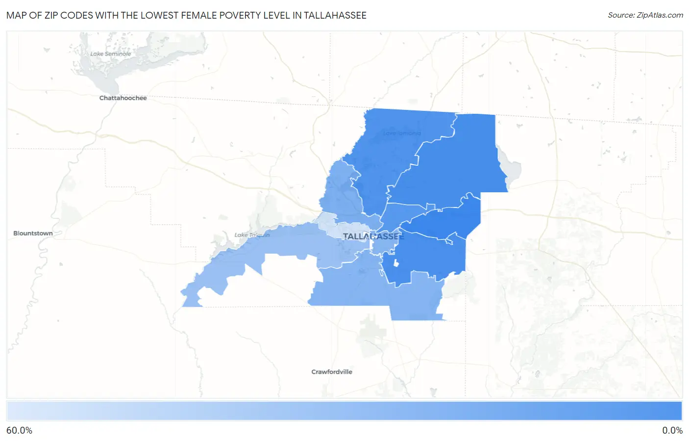 Zip Codes with the Lowest Female Poverty Level in Tallahassee Map
