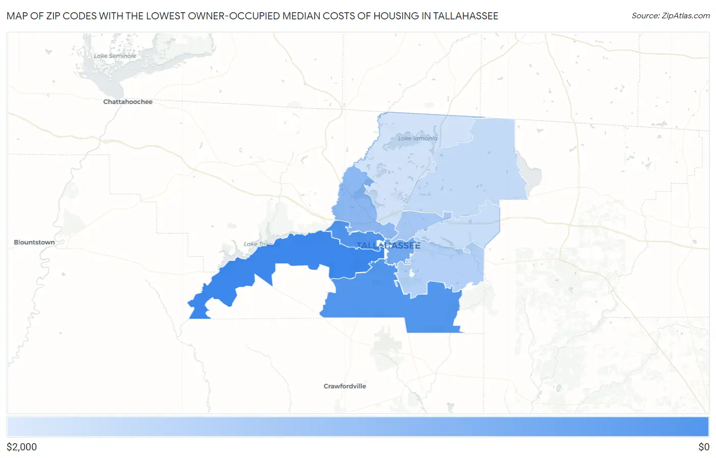 Zip Codes with the Lowest Owner-Occupied Median Costs of Housing in Tallahassee Map