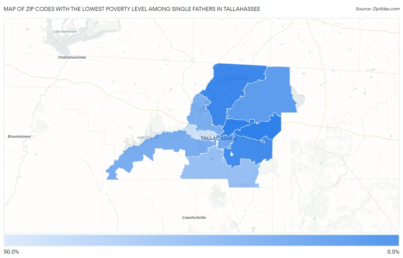 Zip Codes with the Lowest Poverty Level Among Single Fathers in Tallahassee Map
