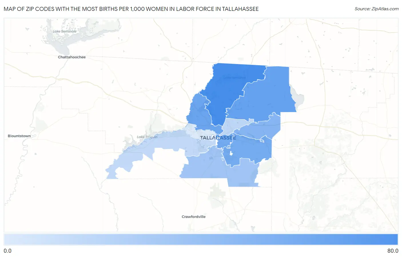 Zip Codes with the Most Births per 1,000 Women in Labor Force in Tallahassee Map