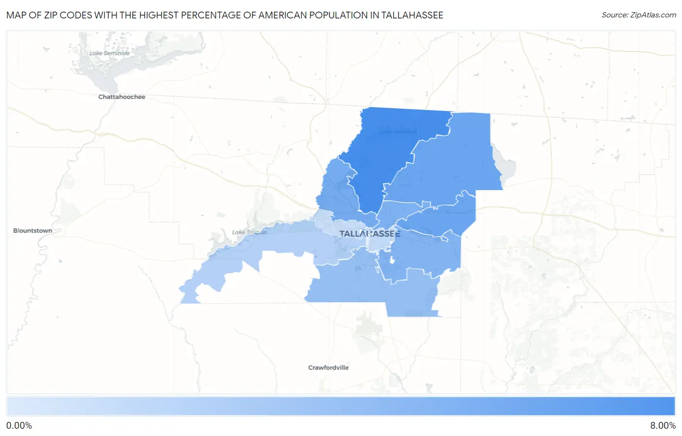 Zip Codes with the Highest Percentage of American Population in Tallahassee Map