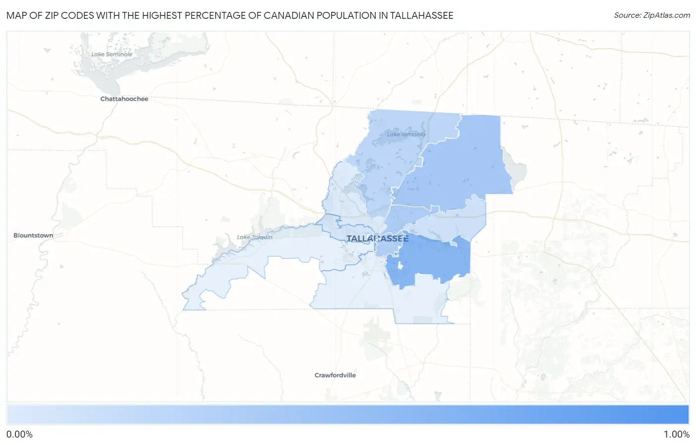 Zip Codes with the Highest Percentage of Canadian Population in Tallahassee Map