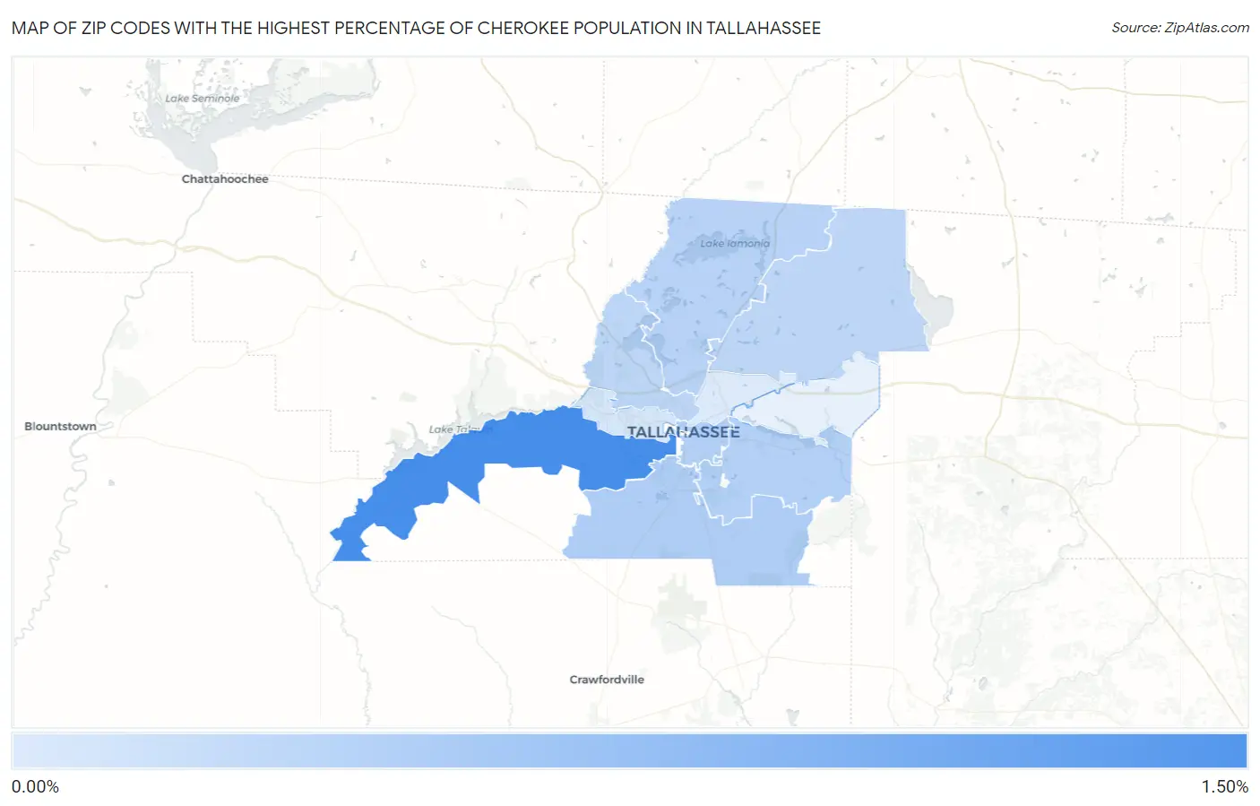 Zip Codes with the Highest Percentage of Cherokee Population in Tallahassee Map
