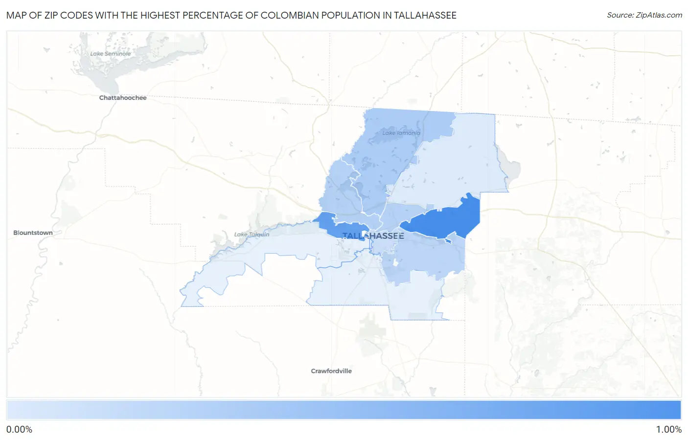 Zip Codes with the Highest Percentage of Colombian Population in Tallahassee Map