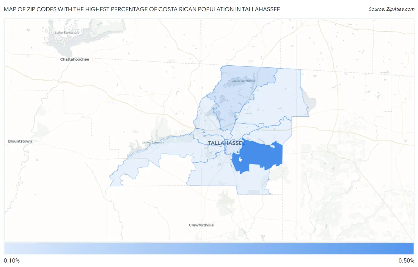 Zip Codes with the Highest Percentage of Costa Rican Population in Tallahassee Map