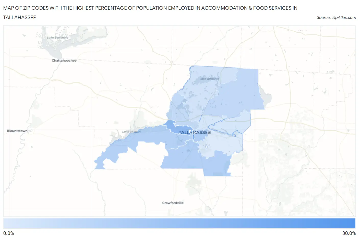 Zip Codes with the Highest Percentage of Population Employed in Accommodation & Food Services in Tallahassee Map
