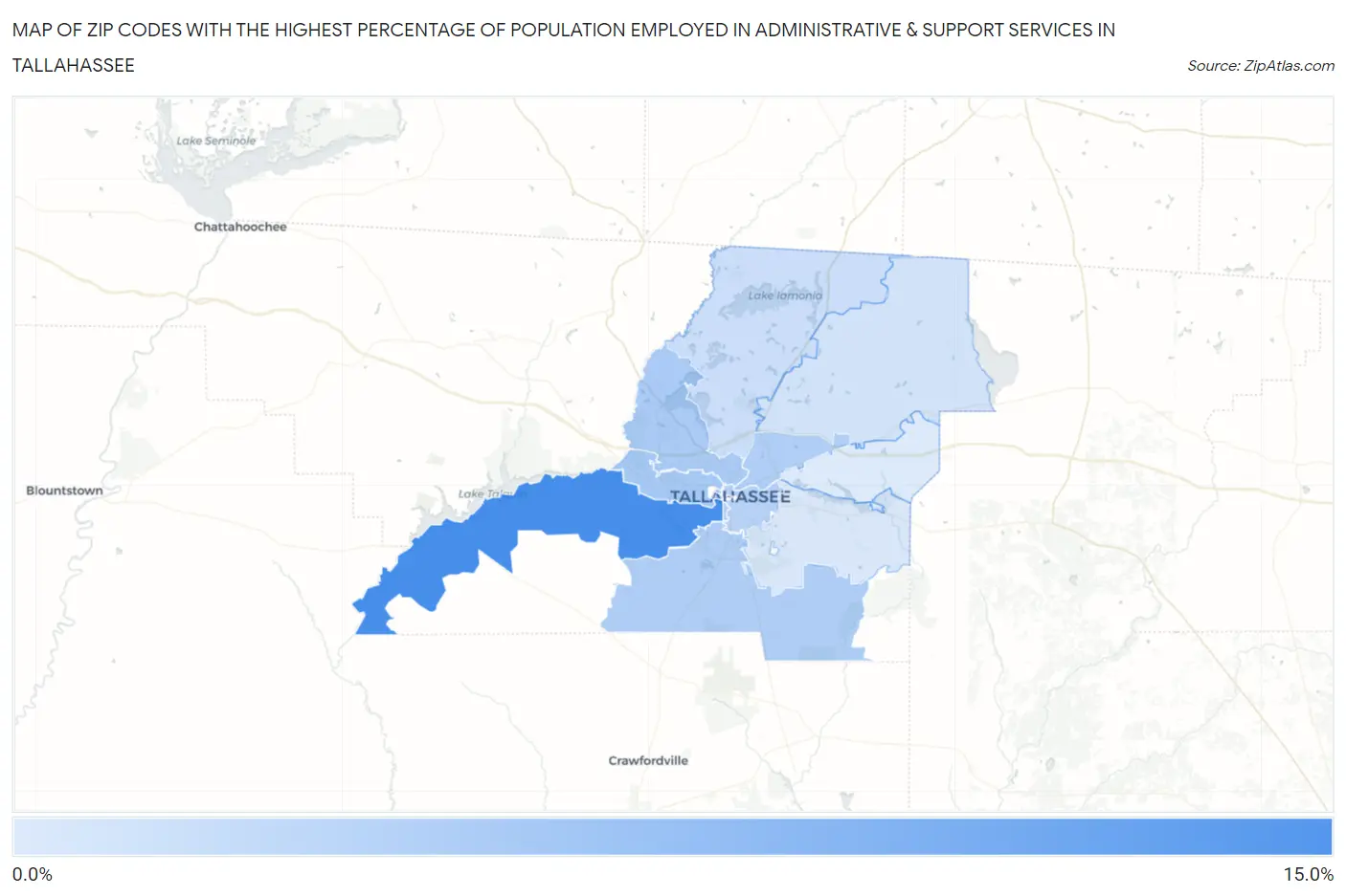 Zip Codes with the Highest Percentage of Population Employed in Administrative & Support Services in Tallahassee Map