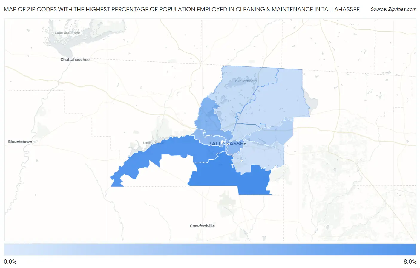 Zip Codes with the Highest Percentage of Population Employed in Cleaning & Maintenance in Tallahassee Map