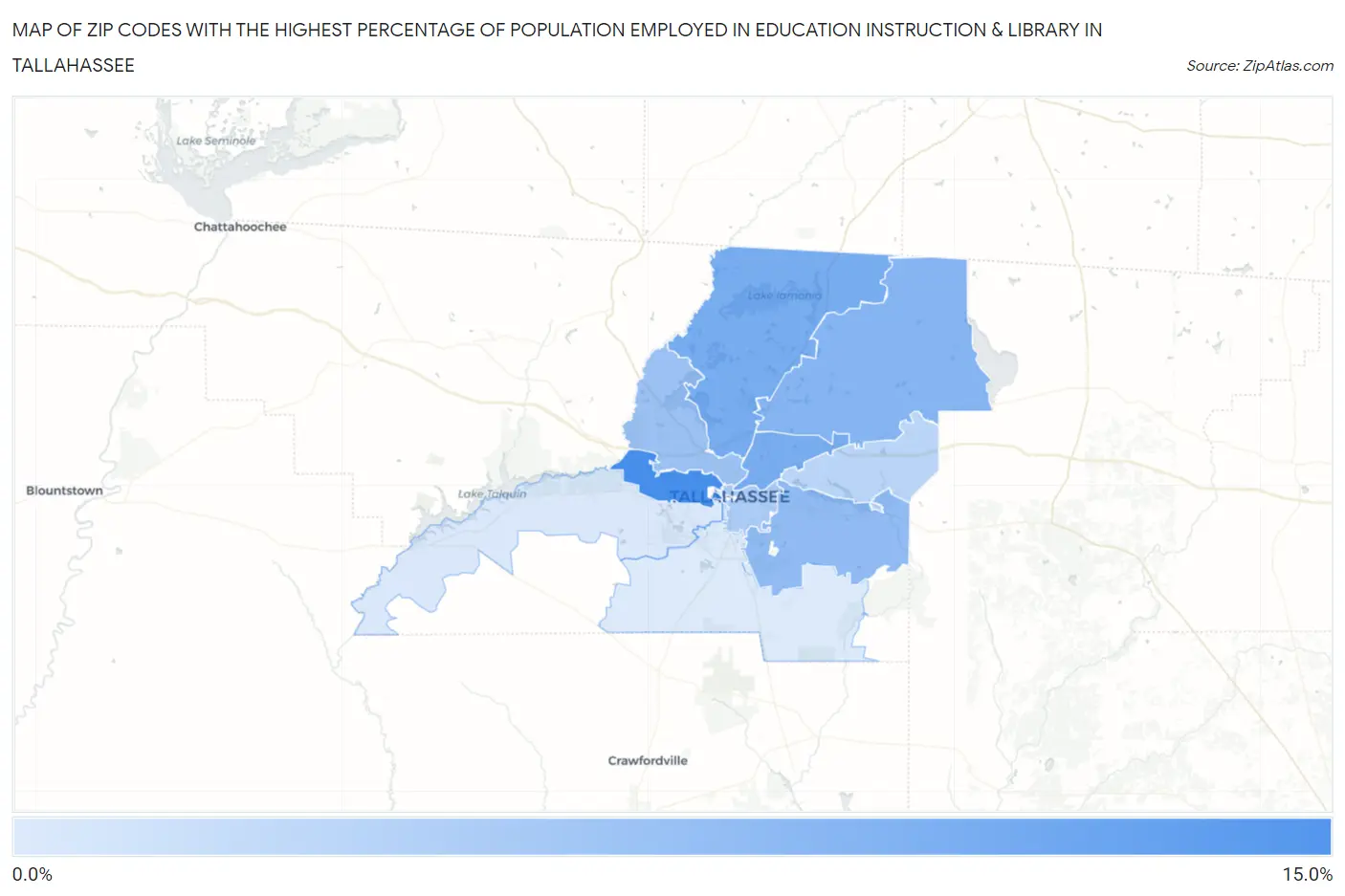 Zip Codes with the Highest Percentage of Population Employed in Education Instruction & Library in Tallahassee Map