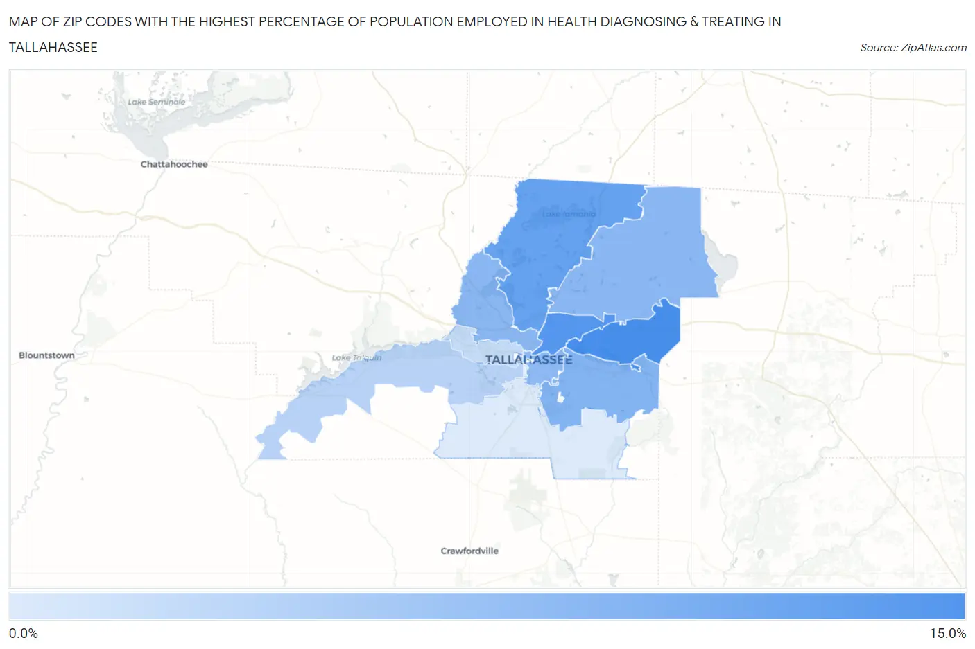 Zip Codes with the Highest Percentage of Population Employed in Health Diagnosing & Treating in Tallahassee Map