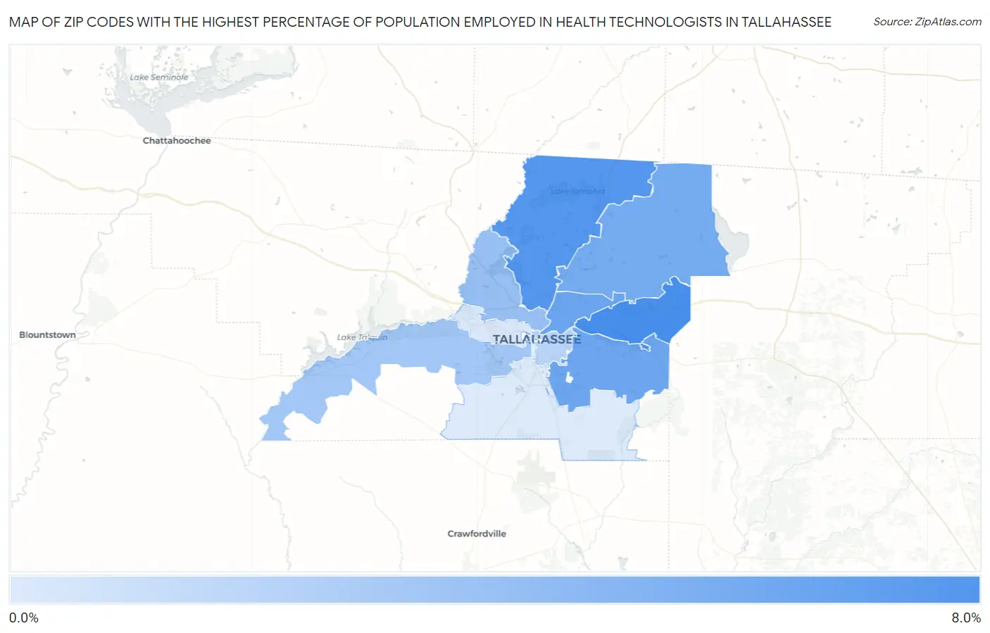 Zip Codes with the Highest Percentage of Population Employed in Health Technologists in Tallahassee Map