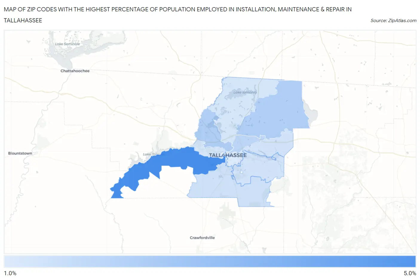 Zip Codes with the Highest Percentage of Population Employed in Installation, Maintenance & Repair in Tallahassee Map