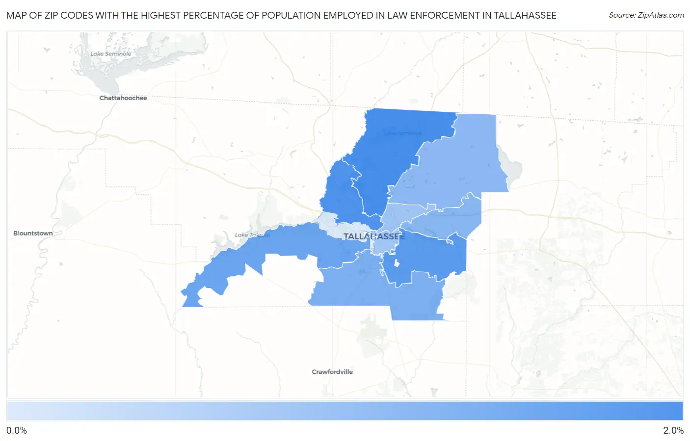 Zip Codes with the Highest Percentage of Population Employed in Law Enforcement in Tallahassee Map