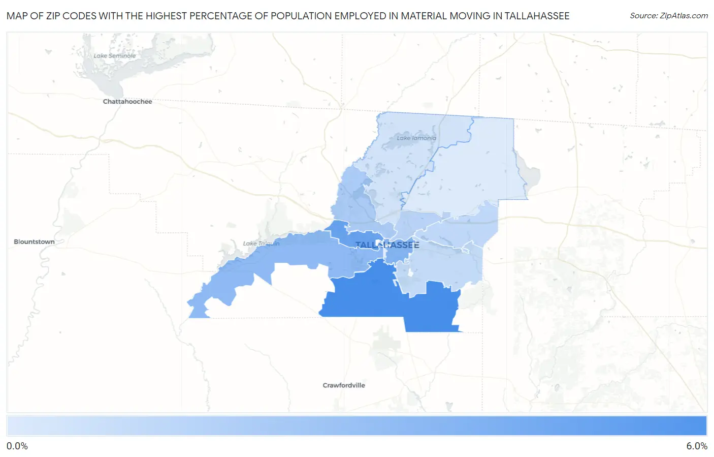 Zip Codes with the Highest Percentage of Population Employed in Material Moving in Tallahassee Map