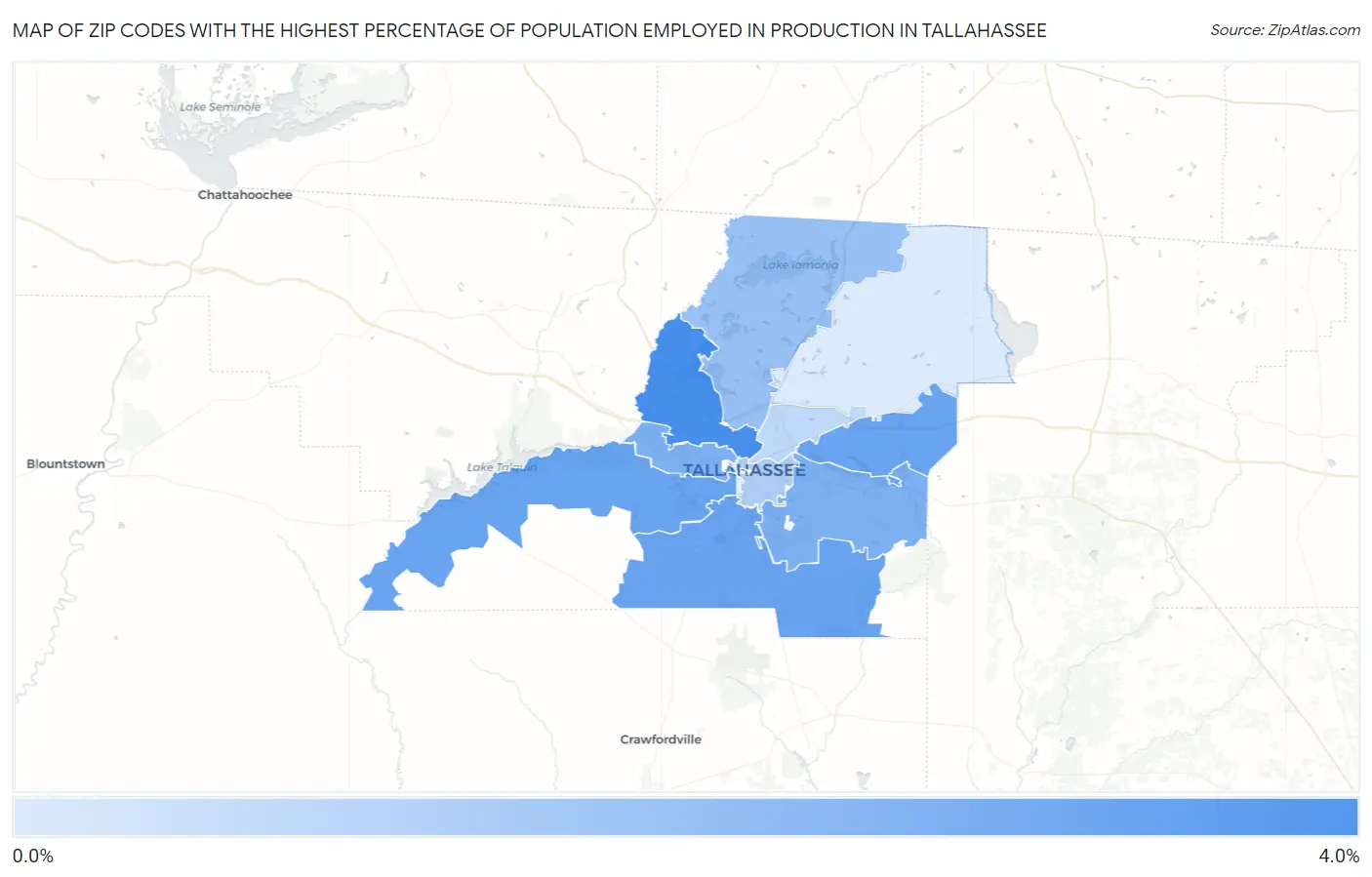 Zip Codes with the Highest Percentage of Population Employed in Production in Tallahassee Map