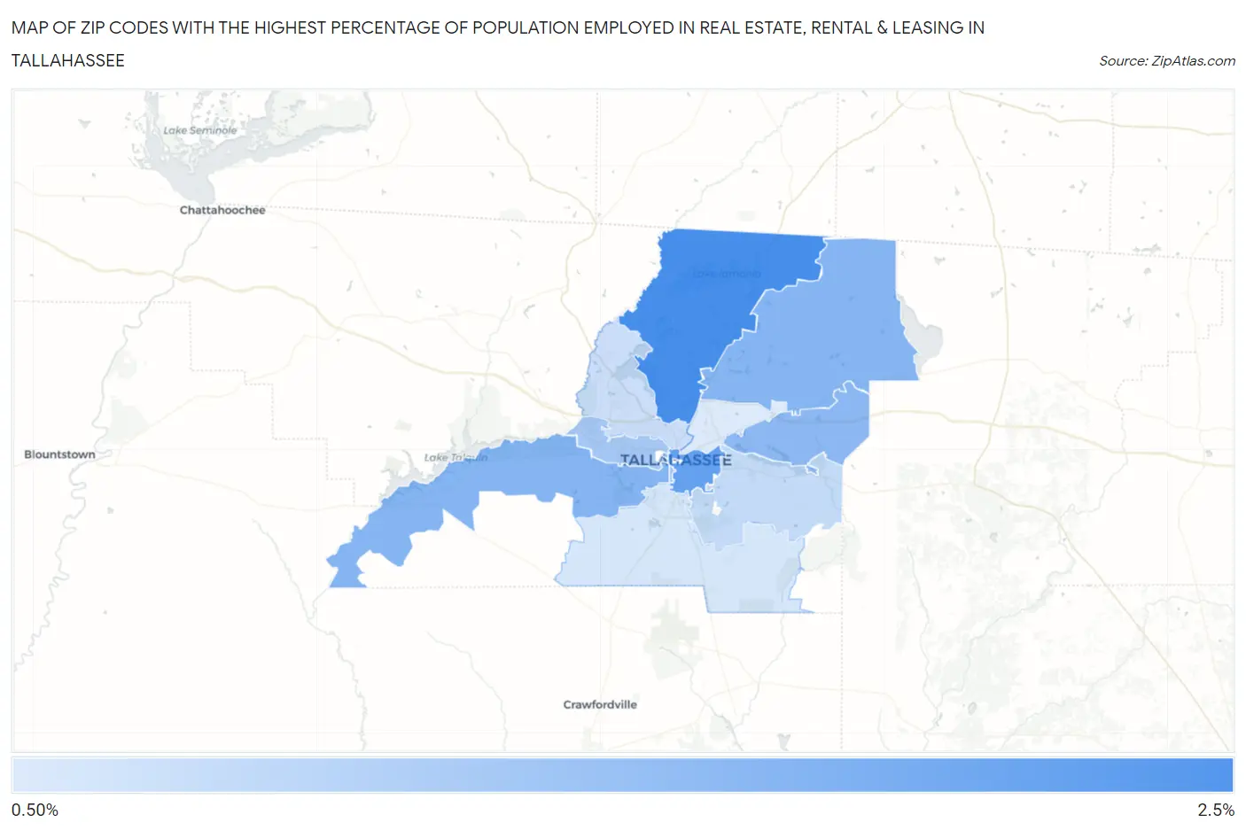 Zip Codes with the Highest Percentage of Population Employed in Real Estate, Rental & Leasing in Tallahassee Map