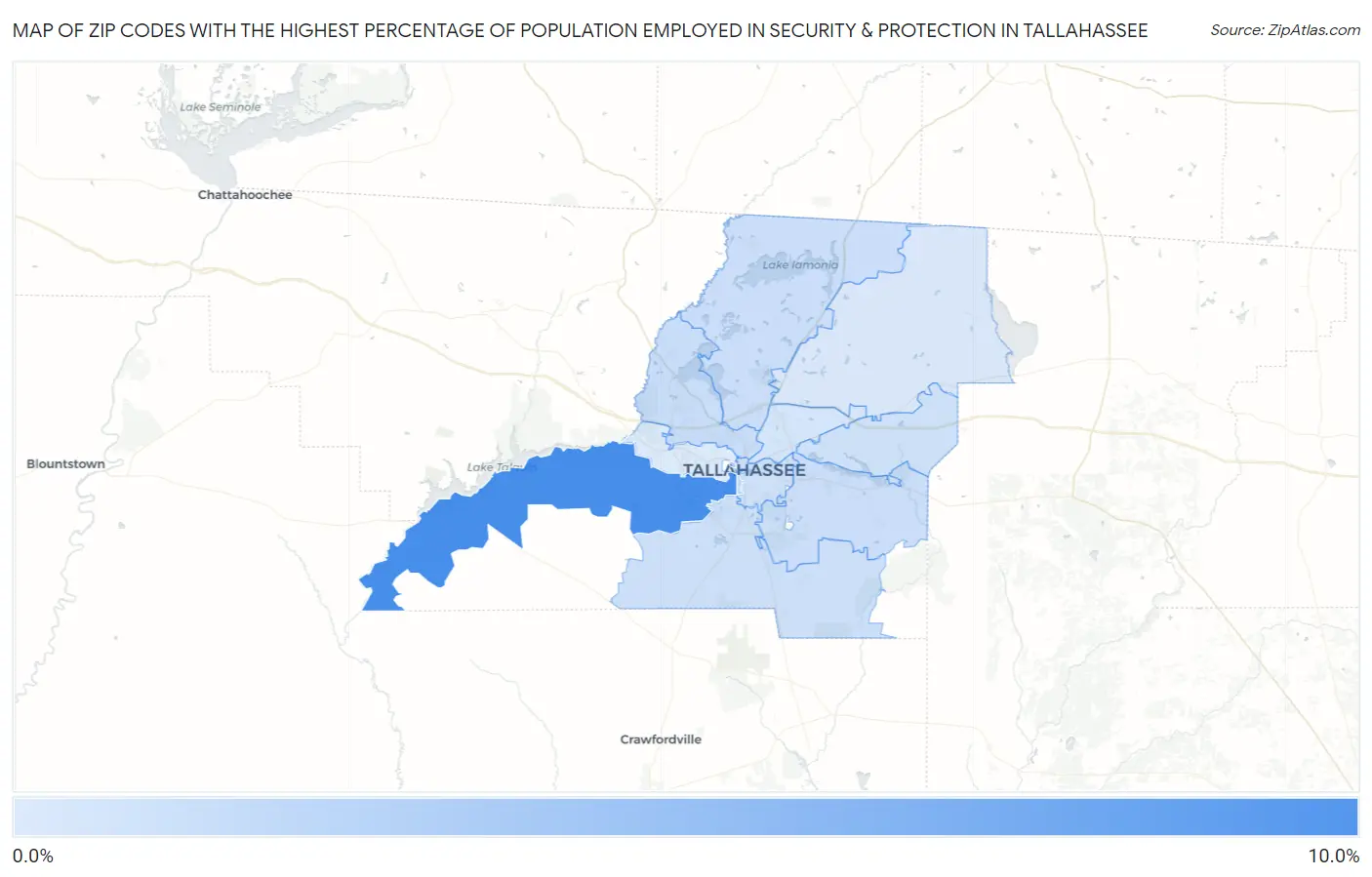 Zip Codes with the Highest Percentage of Population Employed in Security & Protection in Tallahassee Map