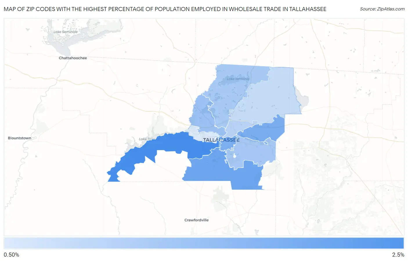 Zip Codes with the Highest Percentage of Population Employed in Wholesale Trade in Tallahassee Map