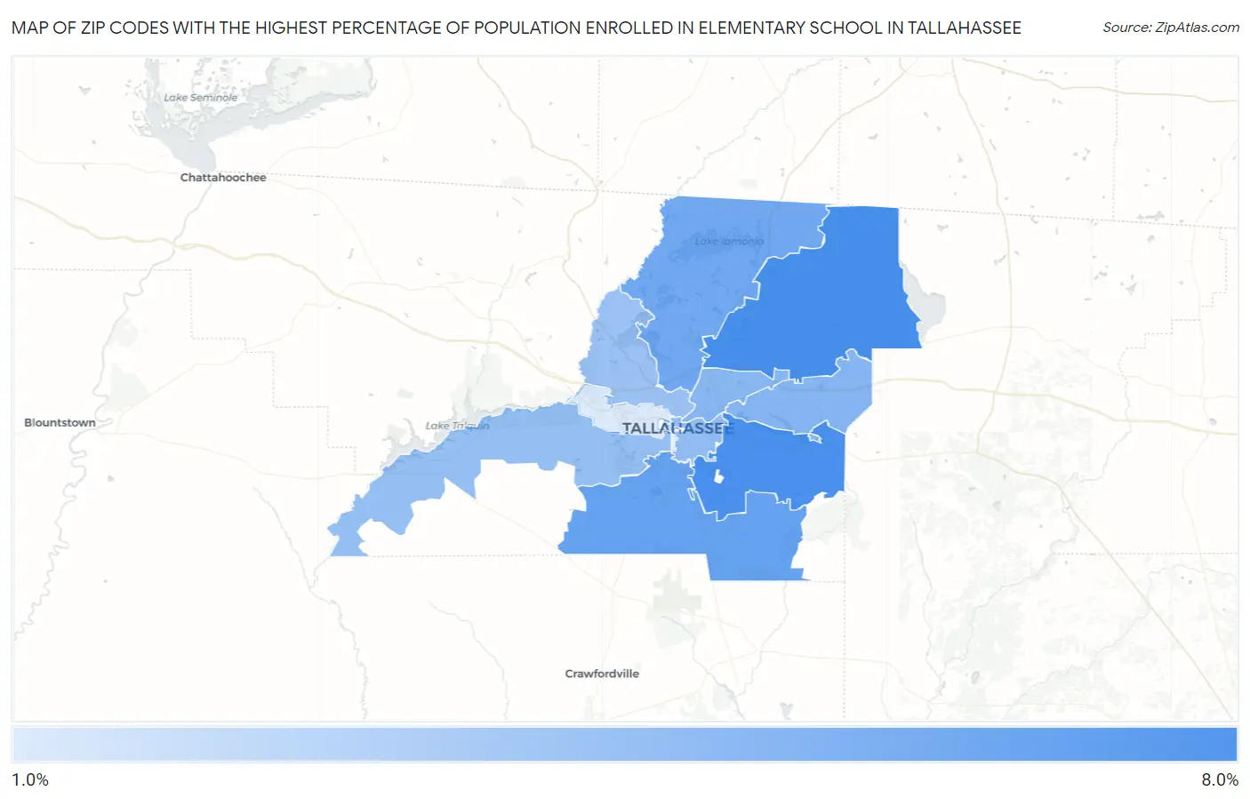 Zip Codes with the Highest Percentage of Population Enrolled in Elementary School in Tallahassee Map