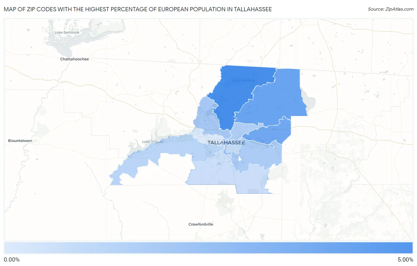 Zip Codes with the Highest Percentage of European Population in Tallahassee Map