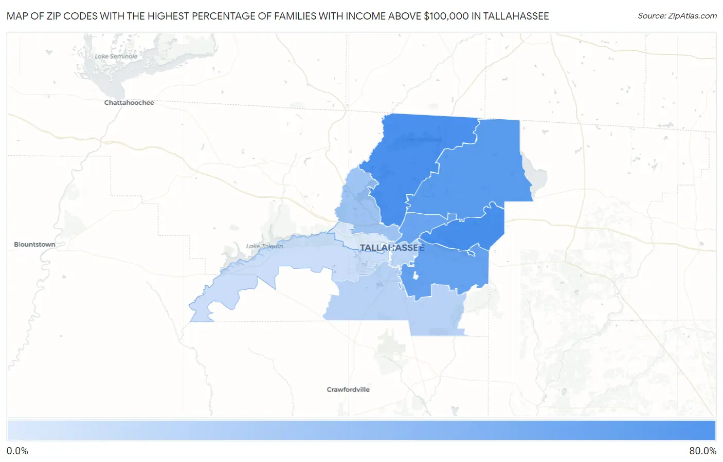 Zip Codes with the Highest Percentage of Families with Income Above $100,000 in Tallahassee Map