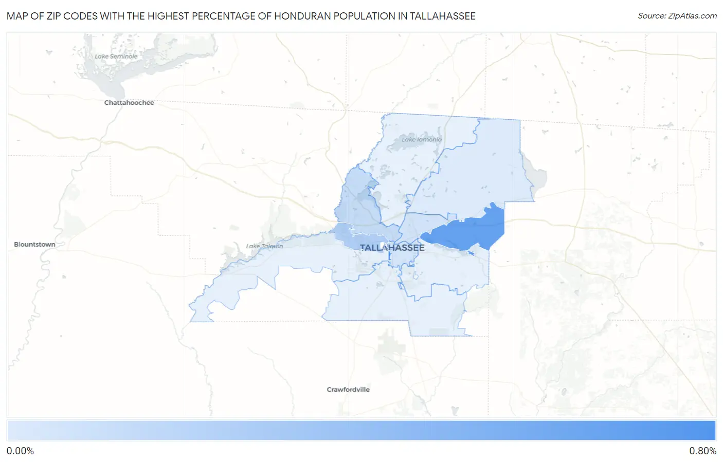 Zip Codes with the Highest Percentage of Honduran Population in Tallahassee Map