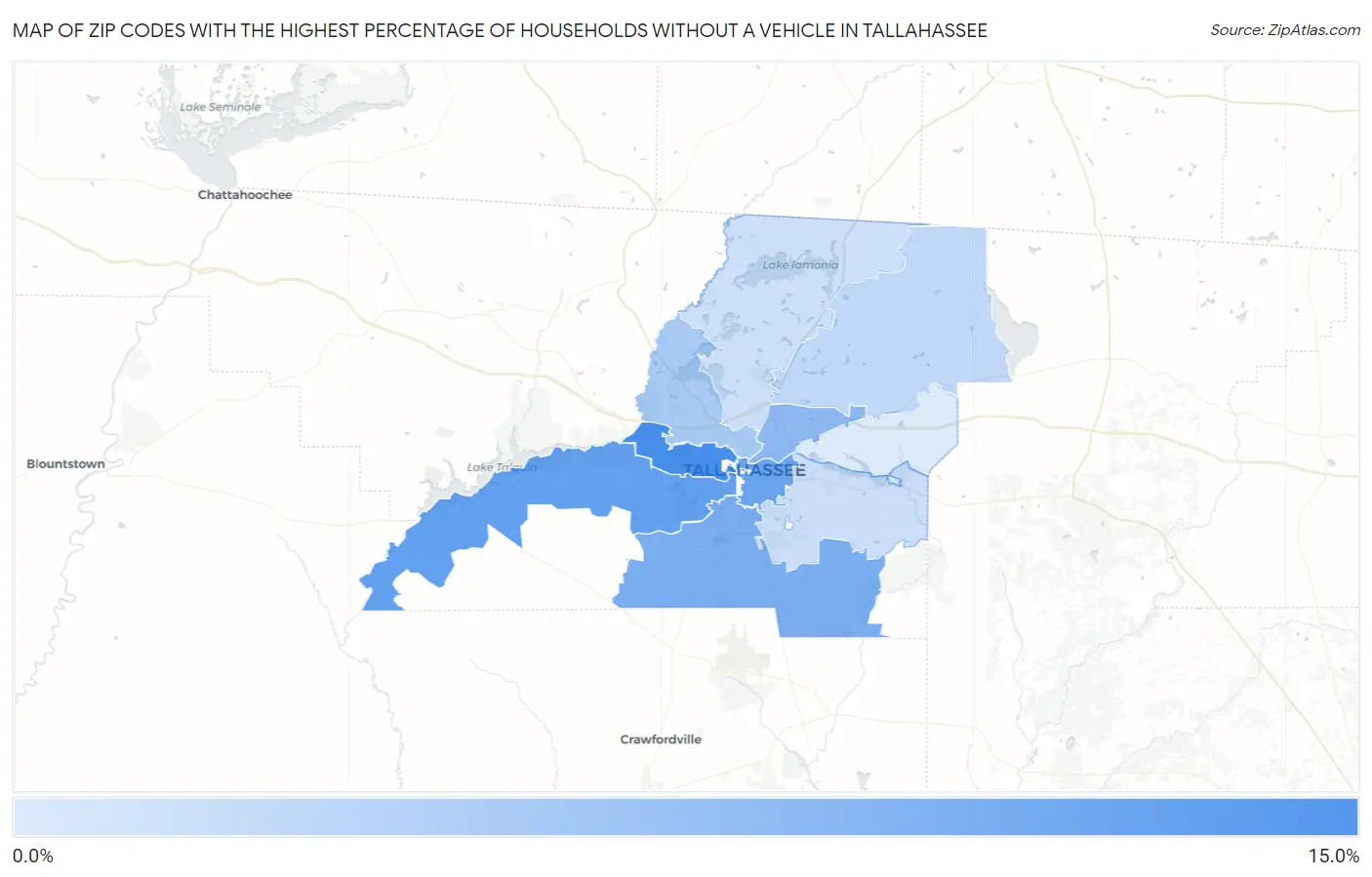 Zip Codes with the Highest Percentage of Households Without a Vehicle in Tallahassee Map