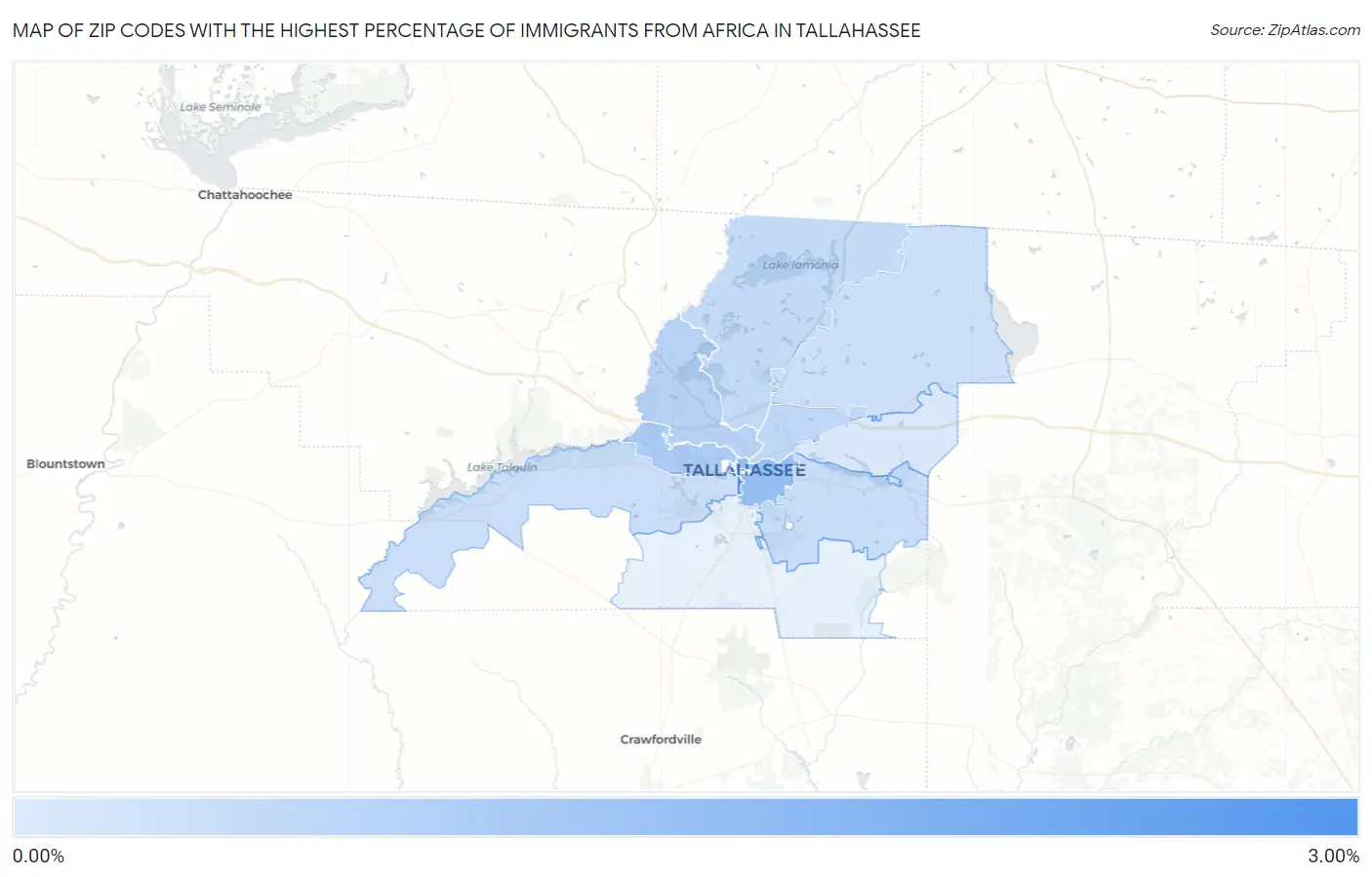 Zip Codes with the Highest Percentage of Immigrants from Africa in Tallahassee Map