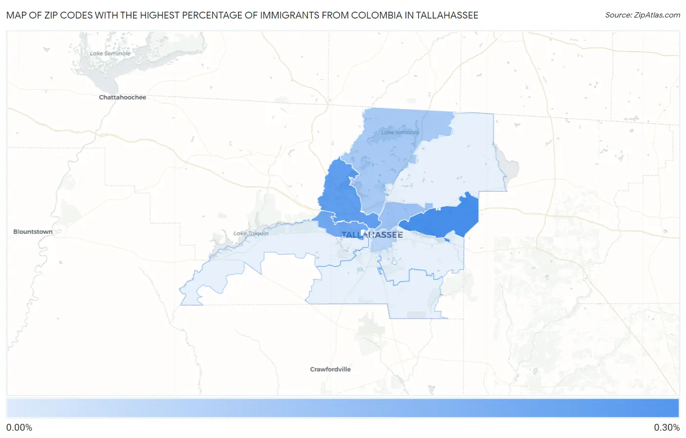 Zip Codes with the Highest Percentage of Immigrants from Colombia in Tallahassee Map