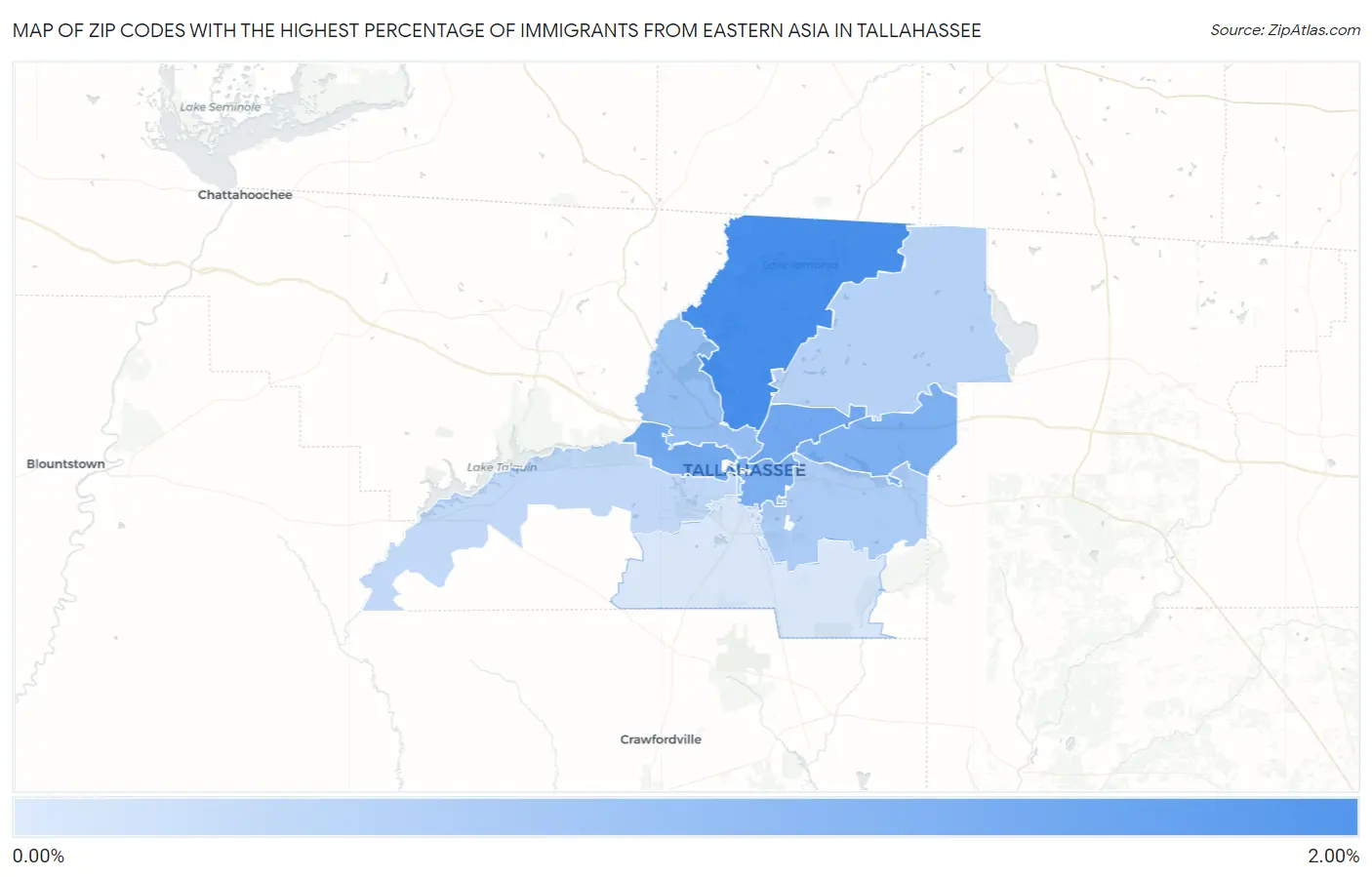 Zip Codes with the Highest Percentage of Immigrants from Eastern Asia in Tallahassee Map