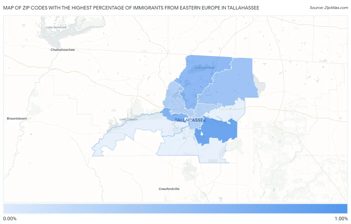 Zip Codes with the Highest Percentage of Immigrants from Eastern Europe in Tallahassee Map