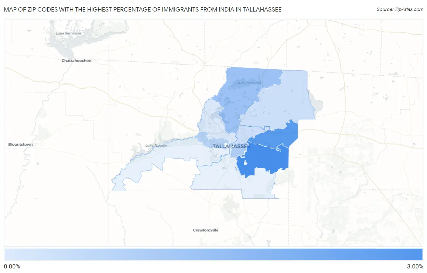 Zip Codes with the Highest Percentage of Immigrants from India in Tallahassee Map