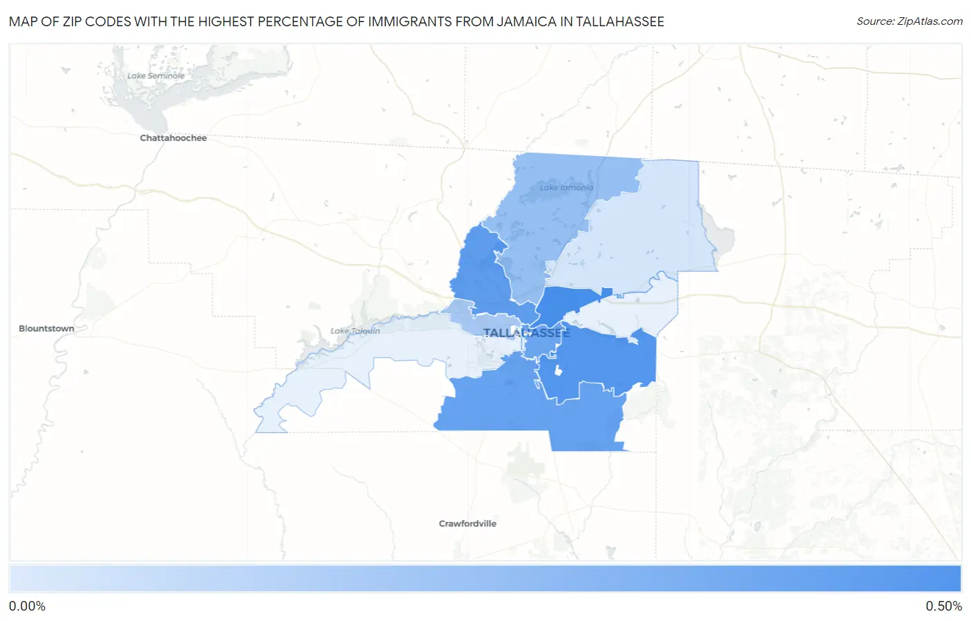 Zip Codes with the Highest Percentage of Immigrants from Jamaica in Tallahassee Map