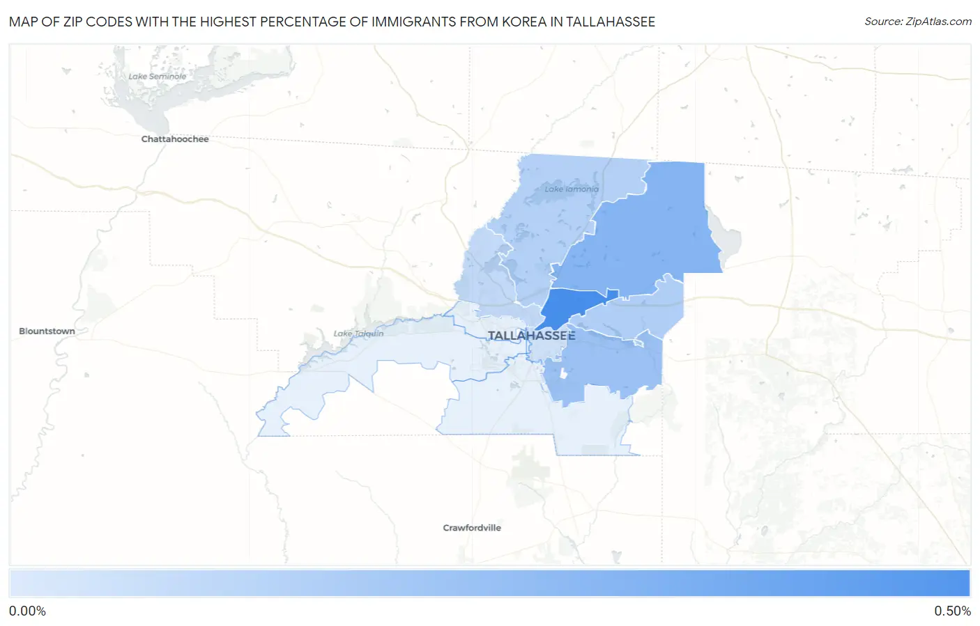 Zip Codes with the Highest Percentage of Immigrants from Korea in Tallahassee Map