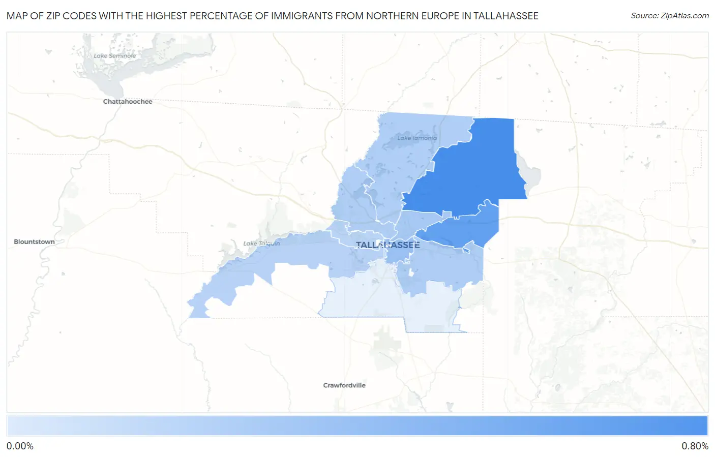 Zip Codes with the Highest Percentage of Immigrants from Northern Europe in Tallahassee Map