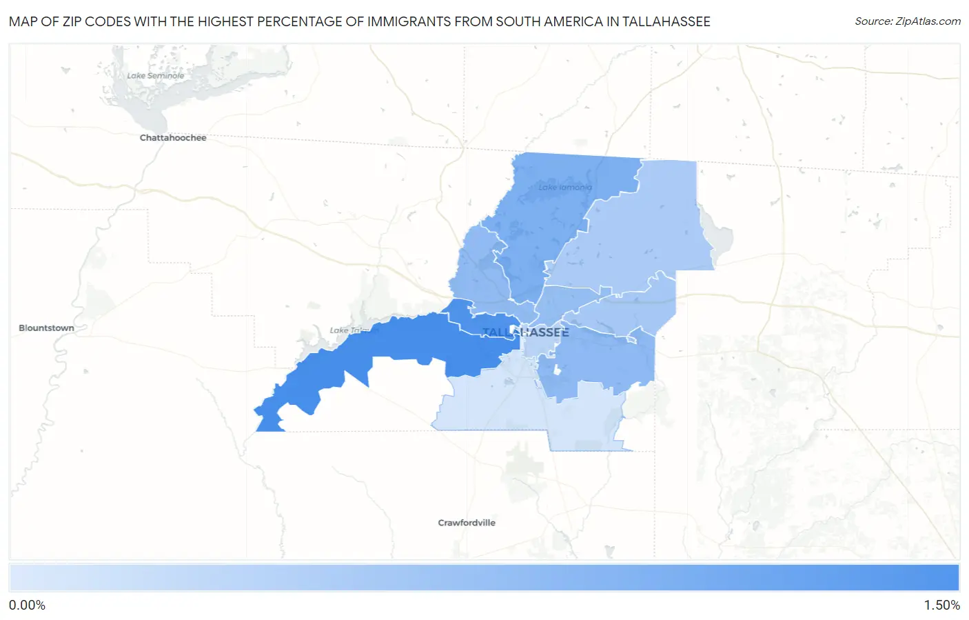 Zip Codes with the Highest Percentage of Immigrants from South America in Tallahassee Map