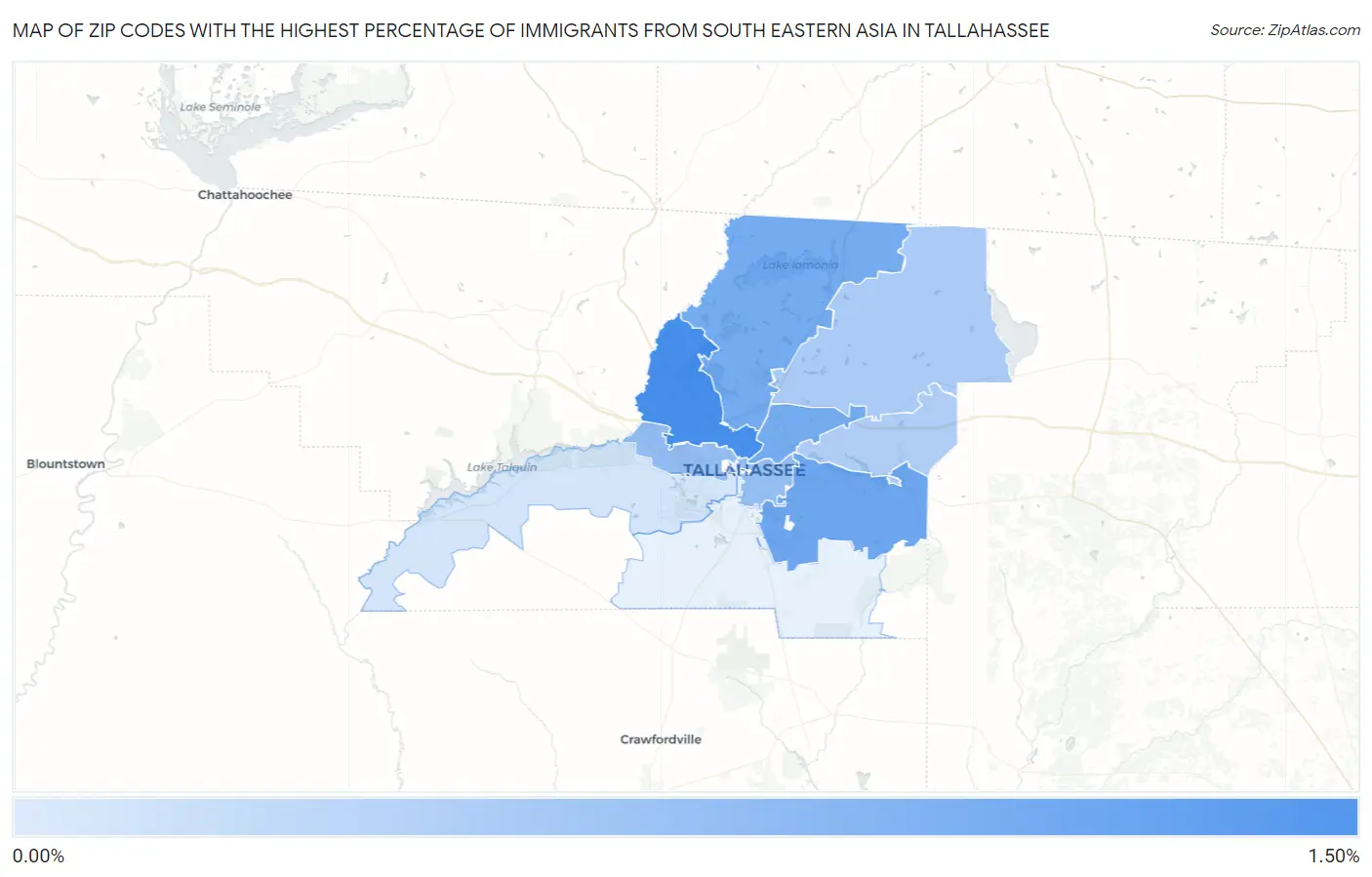 Zip Codes with the Highest Percentage of Immigrants from South Eastern Asia in Tallahassee Map